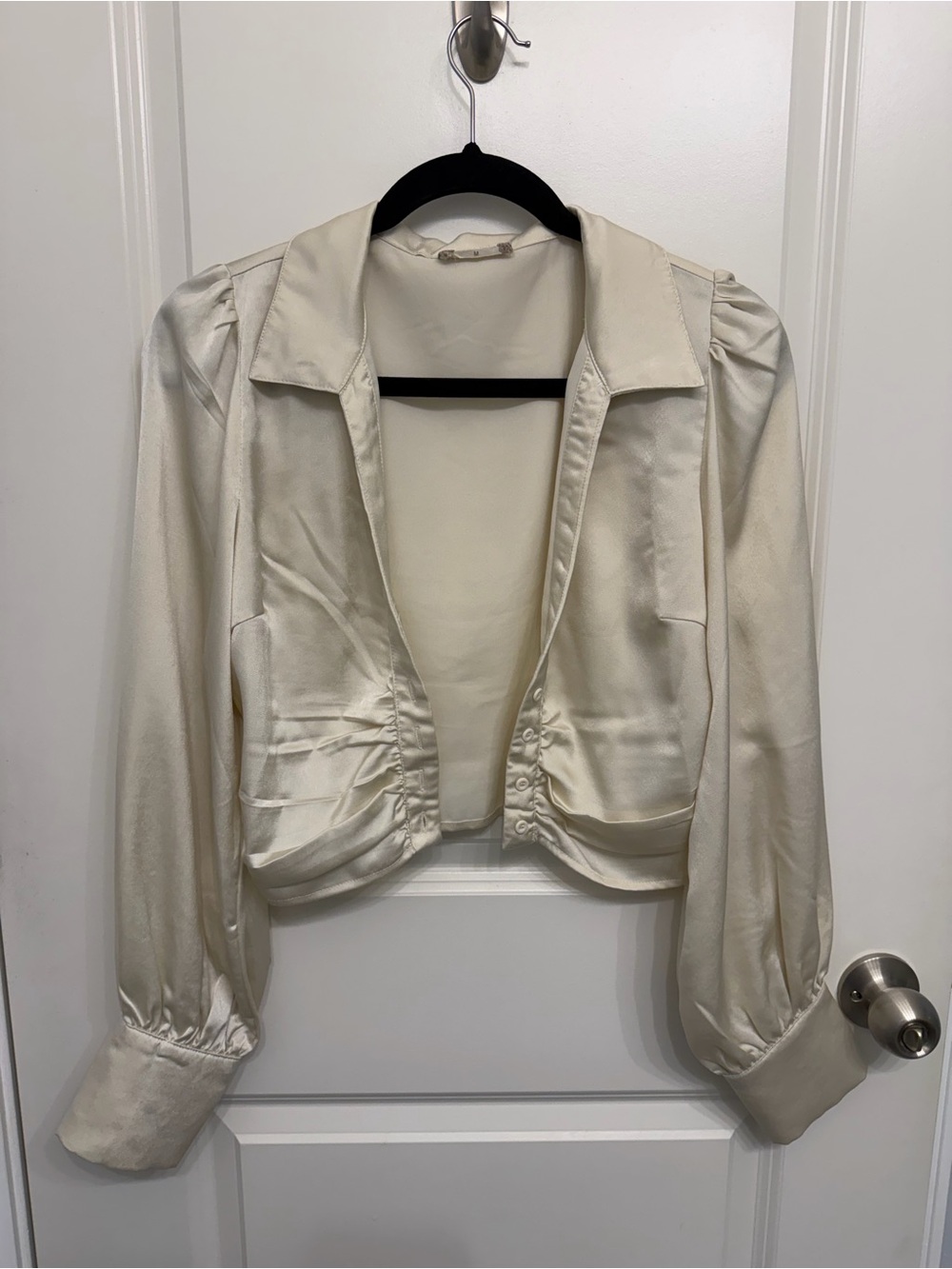 Altar'd State Ivory Satin Ruched Button-Front Crop Blouse - Picture 3 of 6